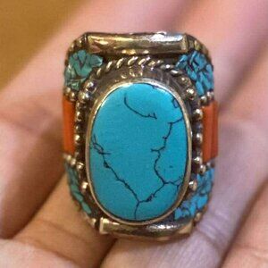 Royal Handmade Tibetan Himalayan Turquoise Coral Statement Ring